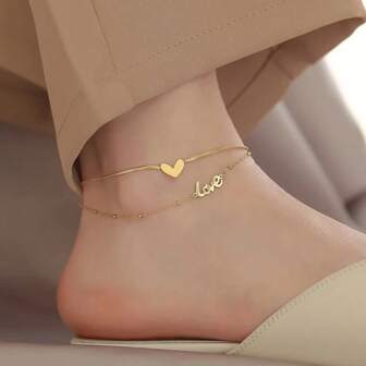 性感女郎的雙層鈦鋼愛心腳鍊,適用於韓國時尚珠寶經典愛心腳飾