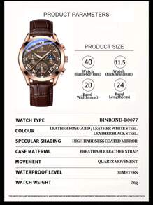 BINBOND BINBOND Men's Quartz Watch Luxury Sports Waterproof Chronograph Luminous Date Men's Watch Business Leather Men's Watch Clock