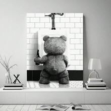 1 pièce - Image sur canevas abstraite style vintage d'un ours buvant de la bière et urinant dans les toilettes. Idéal pour décoration murale de salle de bain à la maison.