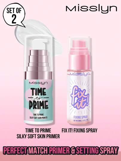 Misslyn 2pcs Matching Primer & Setting Spray Set, Silky Moisturizing Primer & Matte Finish Setting Spray, Gel Texture Primer & Mattifying Setting Spray, High Moisture & Cooling Formula, Suitable For Dry Skin, Long-Lasting & Lightweight, Refreshing Hydration