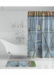 4入組木門圖案印花淋浴簾和浴室地墊,附有12根掛勾,浴缸椅防滑墊,防水窗簾,家居裝飾浴室配件 - 彩色 - 查看 3