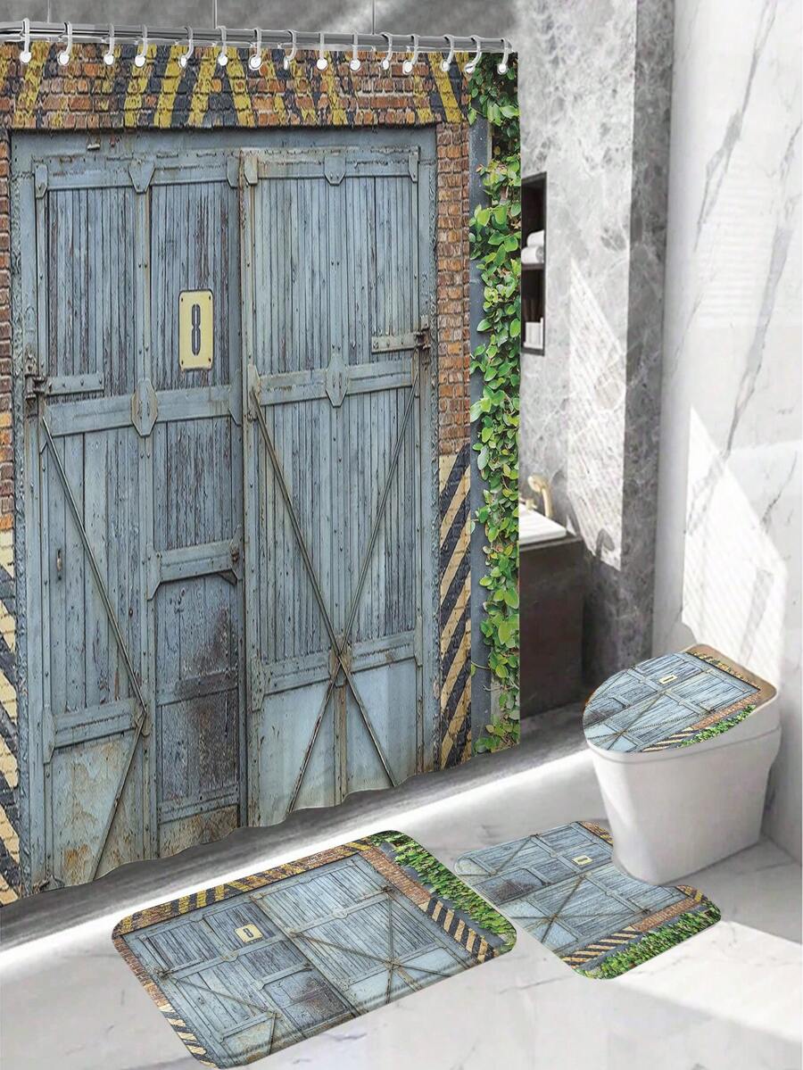 4入組木門圖案印花淋浴簾和浴室地墊,附有12根掛勾,浴缸椅防滑墊,防水窗簾,家居裝飾浴室配件 - 彩色 - 查看 1