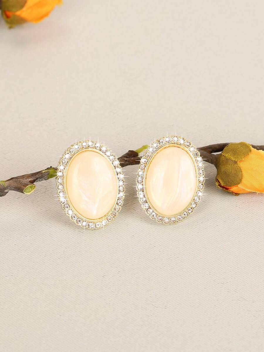 Korean Style Ins French Cat Eye & Rhinestone Geometric Stud Earrings - New Arrival Versatile Chic Jewelry Gift - Gold - View 1