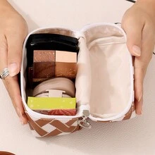 1入組小型針織化妝收納袋,條紋圖案,迷你手提袋,校園風格,便攜式化妝包旅行組織器 - 咖啡棕 - 查看 4