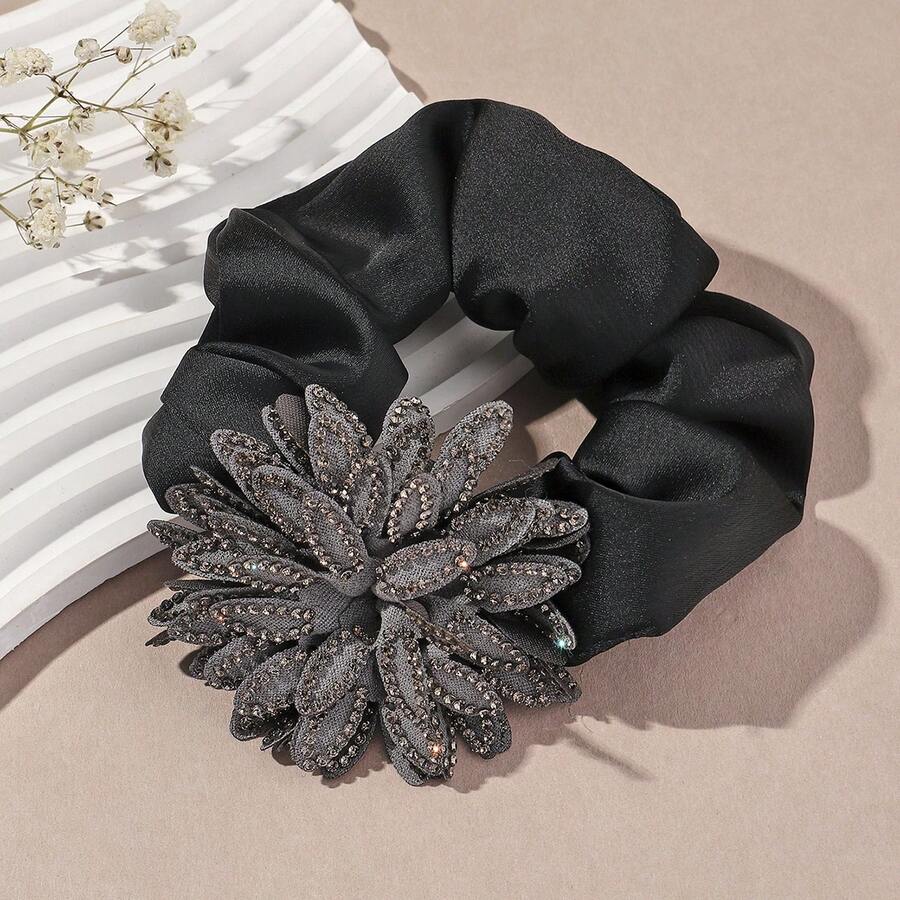 1入閃亮灰色多層花朵設計女士頭髮圈,適用於日常使用 - 黑與白 - 查看 1