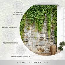 一件有常春藤、石牆背景、綠色植物、綠色竹子庭院場景的花園風景淋浴簾,現代時尚家用浴室淋浴簾,淋浴屏幕,浴缸隔板簾帶掛勾,家用浴室裝飾 - 綠色 - 查看 7