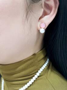 1pair Fashionable Vintage Resin Ruby & Pearl Decor Round Ball Shaped Stud Earrings For Women - Multicolor - View 7