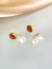 1pair Fashionable Vintage Resin Ruby & Pearl Decor Round Ball Shaped Stud Earrings For Women - Multicolor - View 2