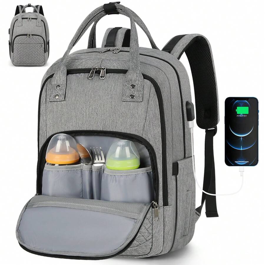 尿布袋背包,多功能嬰兒旅行包,防水尿布袋,媽媽爸爸的嬰兒護理背包 - 灰色 - 查看 1