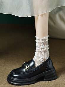 新款女士珍風格鞋,適合甜美、y2k、奢華和朋克風格等各種風格,均配有厚款高跟,與半身裙或洋裝搭配能拉長腿部視覺效果,包括搭配英式學院風、搖滾風或現代 Jk 風格等,圓頭 Pu 皮革鞋款 - 黑色 - 查看 2