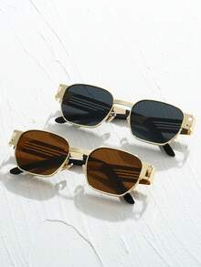 1 件男女通用方形框架奢华时尚眼镜，带镂空镜腿，经典款式，大胆设计，是日常佩戴、派对、驾驶和户外活动的必备美学配饰 - 金色 - 查看 9