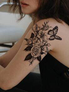 STARTTOOS 1張黑色花朵和蝴蝶圖案的臨時刺青貼紙,適用於手臂、胸部、腹部和背部 - 黑色 - 查看 5