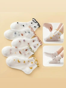 5pairs Girls' Cartoon Flower & Heart Pattern Stretchy Crew Socks With Foldover Cuff, Spring/Summer - Multicolor - View 2