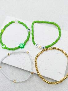 4pcs/Set Colorful Number 7 & Letter Beaded Bracelet - Green - View 3