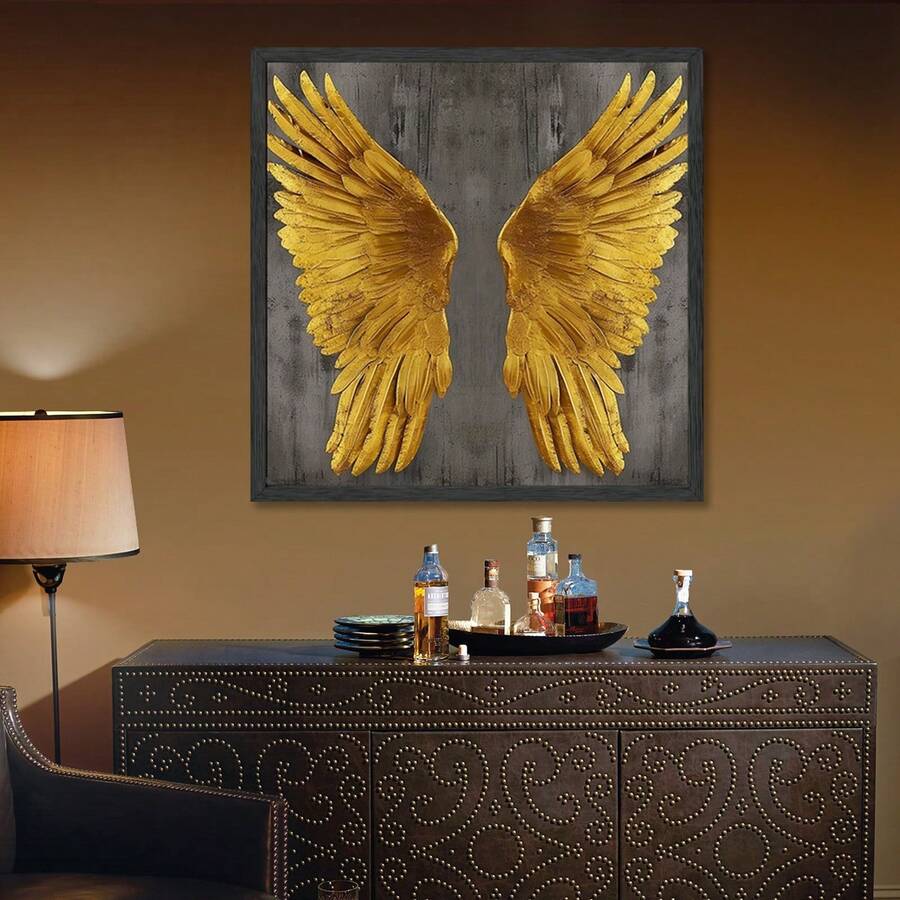 1件帶有金色羽翼設計的帆布海報藝術裝飾品,適用於客廳、廚房、牆壁、家居和房間裝飾,防水畫,不含框架,是理想的禮品 - 金色 - 查看 1