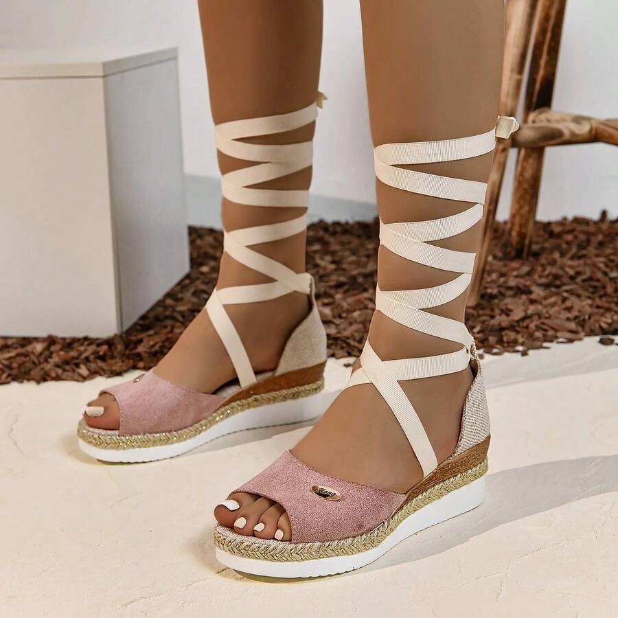 時尚混色楔形跟防水厚底露趾珍設計師涼鞋 - 粉色 - 查看 1