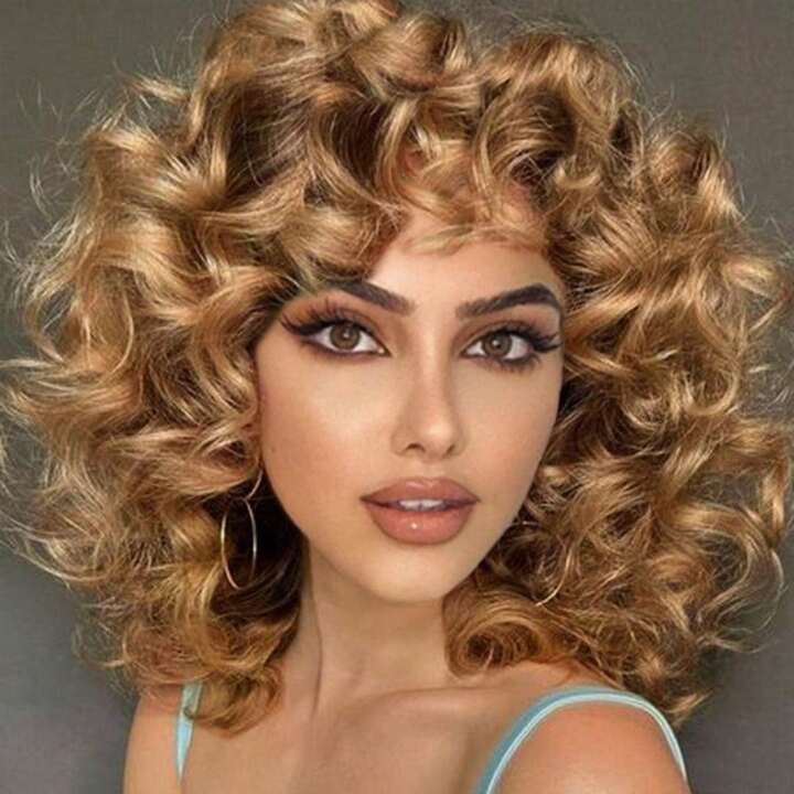 MT33 27 Curly Wigs For Black Women Short Curly Wigs With Bangs For Women Synthetic Afro Curly Wigs Bouncy Fluffy Curly Hair Wigs for Sale Australia New Collection Online SHEIN Australia