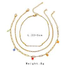 1條 不銹鋼 女士金色三層彩色珠子和珍珠腳鏈 - 金黃色 - 查看 4