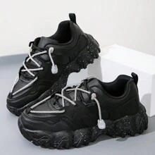Fashionable Women's Outdoor Chunky Sneakers With Diamond-Studded Shoelace, Comfortable, Lightweight, Breathable, Anti-Smell, Skid-Resistant, Wear-Resistant, Fine, Step-By-Step, Leisure Sports Shoes - Black - View 1