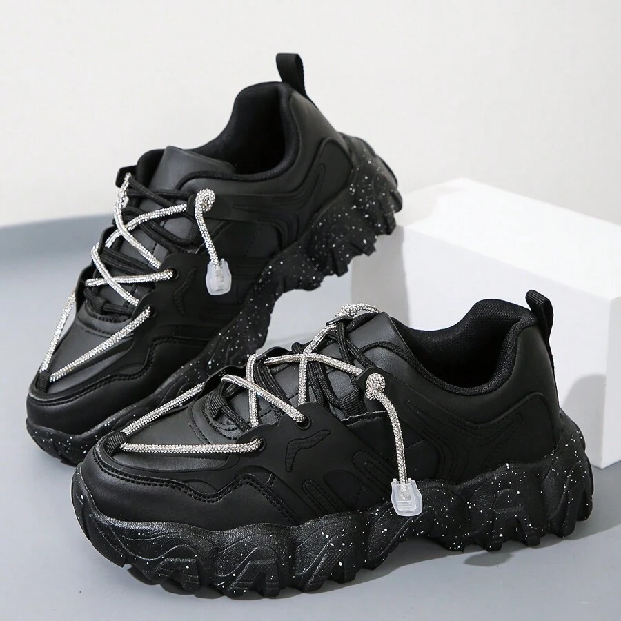 Fashionable Women's Outdoor Chunky Sneakers With Diamond-Studded Shoelace, Comfortable, Lightweight, Breathable, Anti-Smell, Skid-Resistant, Wear-Resistant, Fine, Step-By-Step, Leisure Sports Shoes - Black - View 1