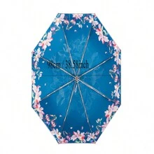 1pc Retro-Style Double-Layered Thickened Sun Umbrella, Uv & Rain Protective, Foldable For Both Sunny And Rainy Days - Deep Blue Sea Of Flowers - View 2