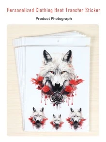 1pc Animal Design Flower Embellished Grey Wolf Head With 1 Big And 3 Small Pictures For Diy T-Shirt Heat Transfer Sticker - color - View 5