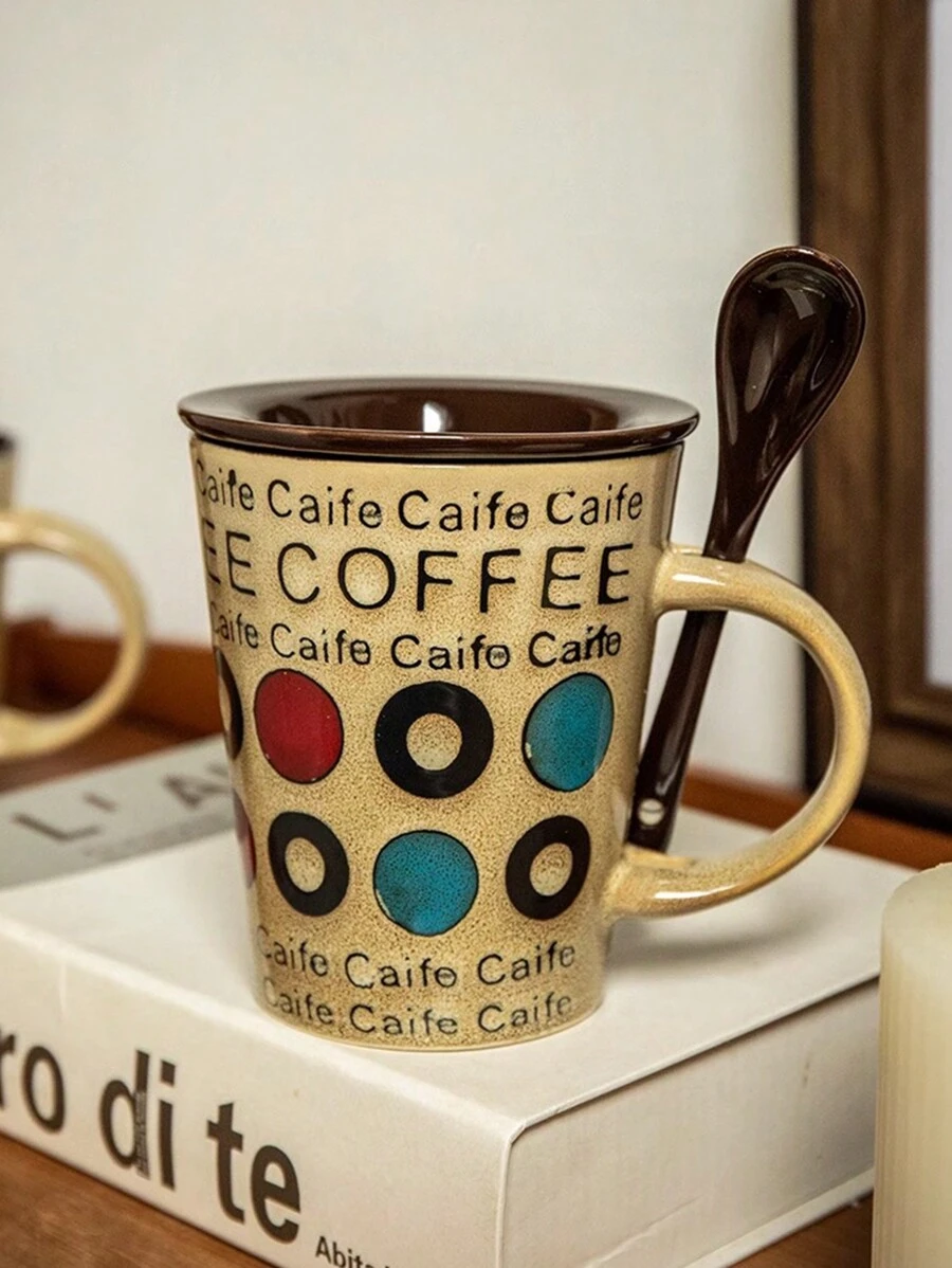 1入組350毫升/11.66盎司陶瓷咖啡杯,復古風格的咖啡杯,適用於派對/舞會/辦公室/家庭/咖啡店/餐廳,帶蓋和匙,可洗碗消毒微波爐安全,適用於燕麥咖啡、水、牛奶、茶、飲料,有趣的禮物,適用於女性、男性、同事、家人和朋友 - 卡其色 - 查看 1