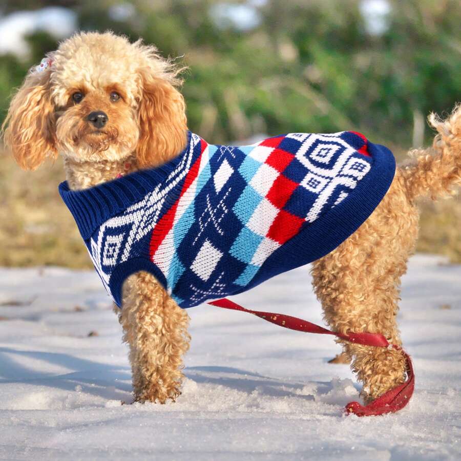 狗毛衣针织衫，蓝白格子保暖狗套头衫针织衫狗套头衫冬季狗外套宠物针织套头衫毛衣可洗狗针织毛衣适合中型犬 - 藍白色 - 查看 1