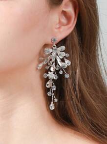 1 Pair Women's Silver Alloy Flower Rhinestone Crystal Stud Earrings, Romantic Versatile Wedding Bride Jewelry