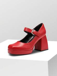 Women High Chunky Platform Closed Toe Block Heels Square Toe Strappy Dress Prom Wedding Party Pumps Shoes - 紅色 - 查看 4