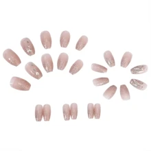 1盒24入明亮假指甲,壓合式全指甲覆蓋,閃亮法式人造指甲,帶有寶石鑲嵌亮片丙烯酸假指甲,適用於女性/女孩 - 粉色 - 查看 3