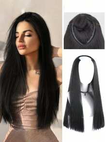 1个V形合成纤维自然长发接发片，适用于直发或卷发，休闲发饰，发夹，发卡，发卡爪夹，学习用品