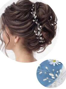 1pc Handmade Bridal Hairband With Rhinestone & Pearl, Silver Leaf Design Headpiece For Bridesmaid - Silver - View 2