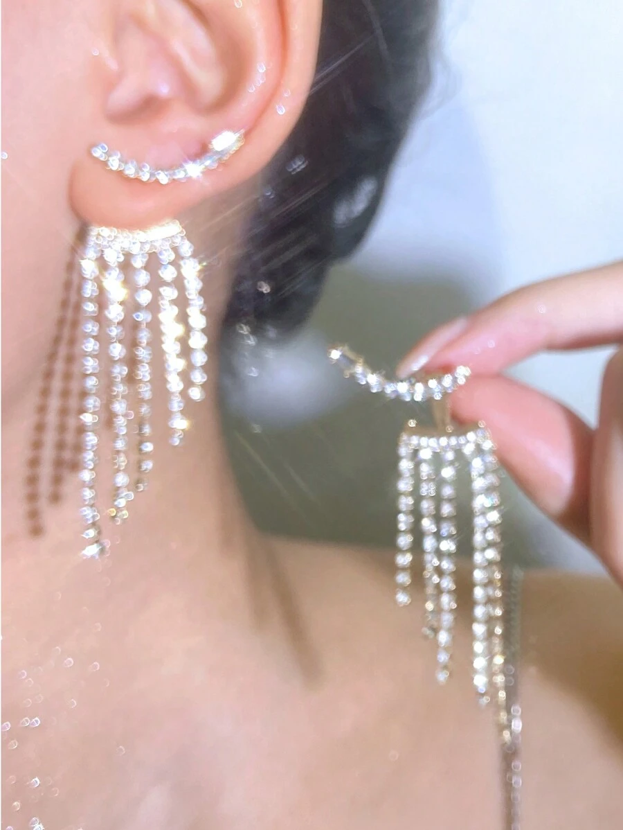 1pair Glamorous Zinc Alloy Rhinestone Tassel Decor Earring Jackets For Women For Party - Yellow Gold - View 1