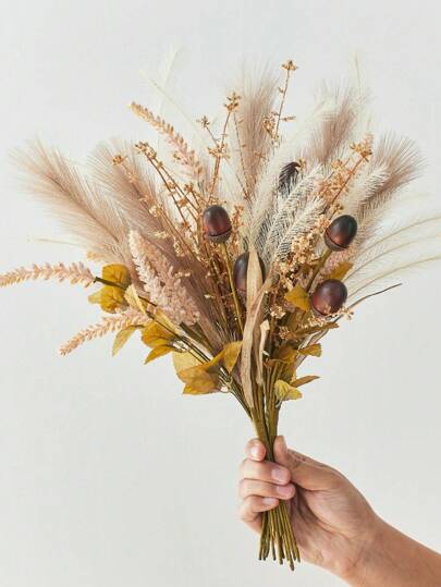 1pc/3pcs Artificial Pampas Grass Bouquet Boho Faux Reed With Mini Acorns Fake Oak Nut Plants For Home Kitchen Table Wedding Decor