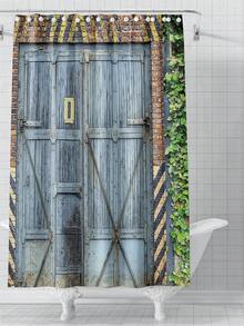 4入組木門圖案印花淋浴簾和浴室地墊,附有12根掛勾,浴缸椅防滑墊,防水窗簾,家居裝飾浴室配件 - 彩色 - 查看 4