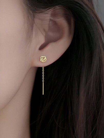 ELSEDES 1pair Fashionable S925 Silver Rose Shape Pendant Earrings, Symbolize Romance And Aestheticism, Simple Personality Style Highlights Wonderful Charisma, Glossy Surface. Suitable For Daily And Dating Outfit, Perfect Gift For Girlfriend Holiday Valentines