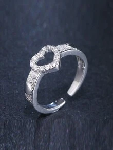 1 件新娘新款时尚简约 Ins 风格个性化爱心多水钻设计百搭女士戒指 - 銀色 - 查看 1