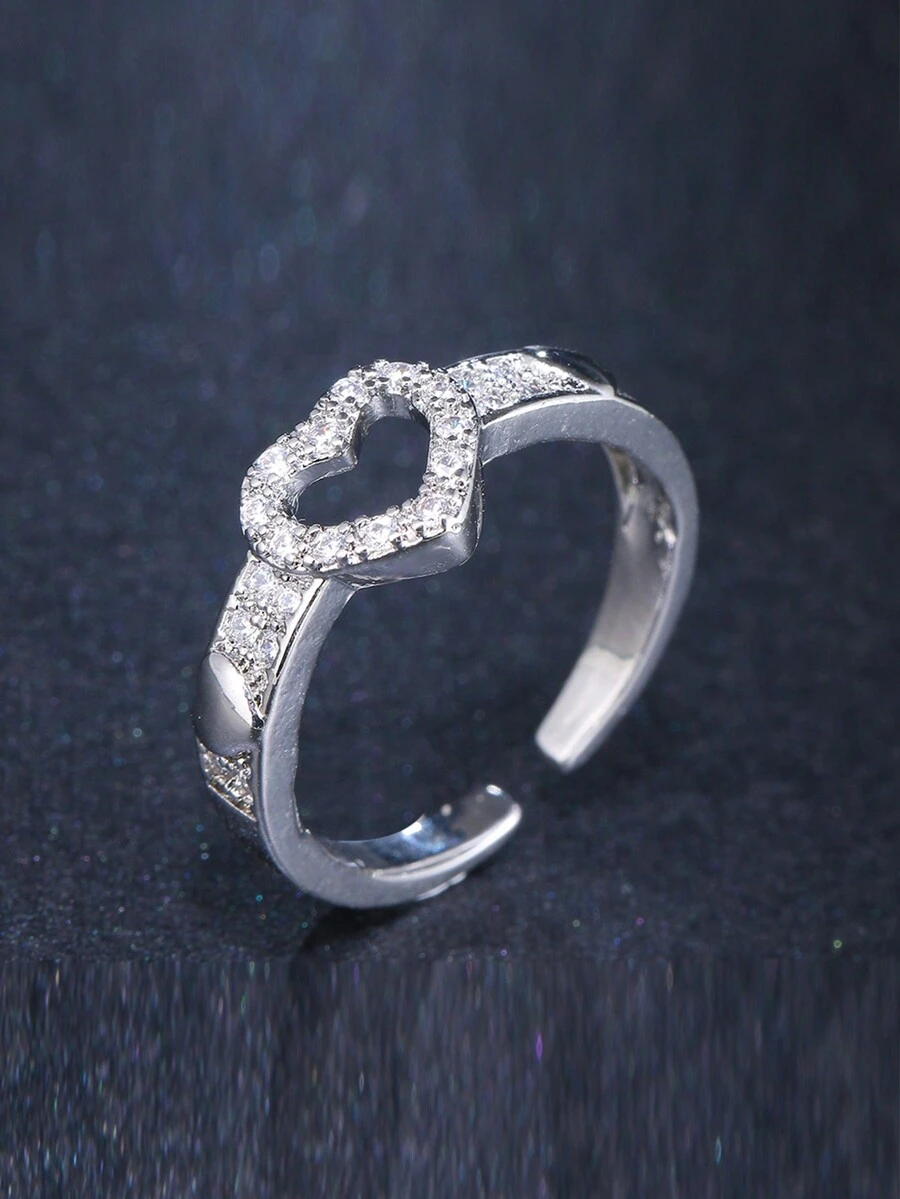 1 件新娘新款时尚简约 Ins 风格个性化爱心多水钻设计百搭女士戒指 - 銀色 - 查看 1