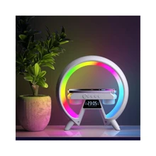 Bocina Doble Con Reloj Y Carga Inalambrica Con Luces Rgb - Blanco - Ver 4