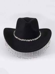 1頂[牛仔帽]秋冬款大邊軟牛仔帽,奢華的鑲嵌鑽石和流蘇裝飾,捲邊武士帽,適用於秋冬季,舞臺表演,派對 - 黑色 - 查看 2