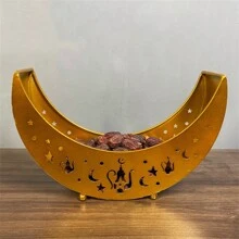 1pc Moon Shaped Tray, Suitable For Slaughtering Festival, Candy & Fruit Plate, Large Capacity Iron Art Tray, White/Gold - Yellow - View 6