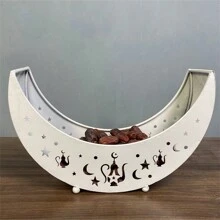 1pc Moon Shaped Tray, Suitable For Slaughtering Festival, Candy & Fruit Plate, Large Capacity Iron Art Tray, White/Gold - Yellow - View 4