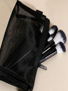 1pc Fashionable Transparent PVC Mesh Zipper Cosmetic Bag, Portable Zipper Travel Storage Pouch For Daily Use Or School - Black - View 2