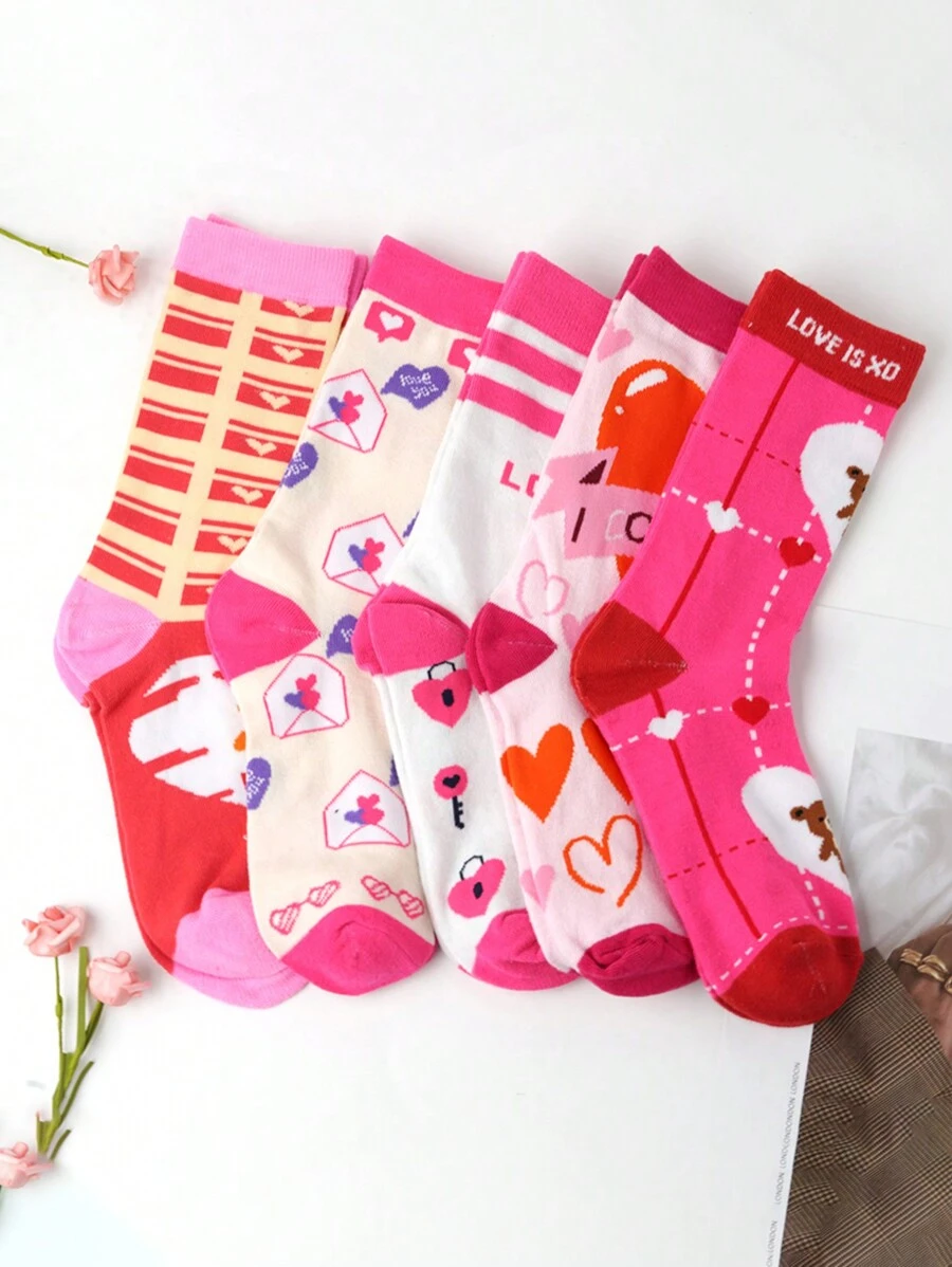 5對/組時尚粉色中筒襪,適用於女孩