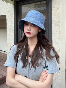 1pc Women's Fashionable Sun Protection Denim Bucket, Bucket Hat For Daily Use - Blue - View 2