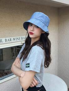 1pc Women's Fashionable Sun Protection Denim Bucket, Bucket Hat For Daily Use - Blue - View 3