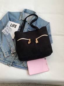 1個極簡復古灰褐色燈芯絨手提包,拉鍊開口,大容量肩背包,適合女性日常休閒通勤使用 - 黑色 - 查看 4