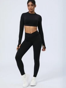 女士跨交錯束縛桃心提升瑜珈運動健身打底褲 - 黑色 - 查看 6