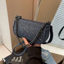 Classic Denim Crossbody Bag For Women, Ladies Shoulder Bag With Metal Decoration For Work & Commute, Casual Mom Bag With Card Holder Pocket - Dark Wash - View 4